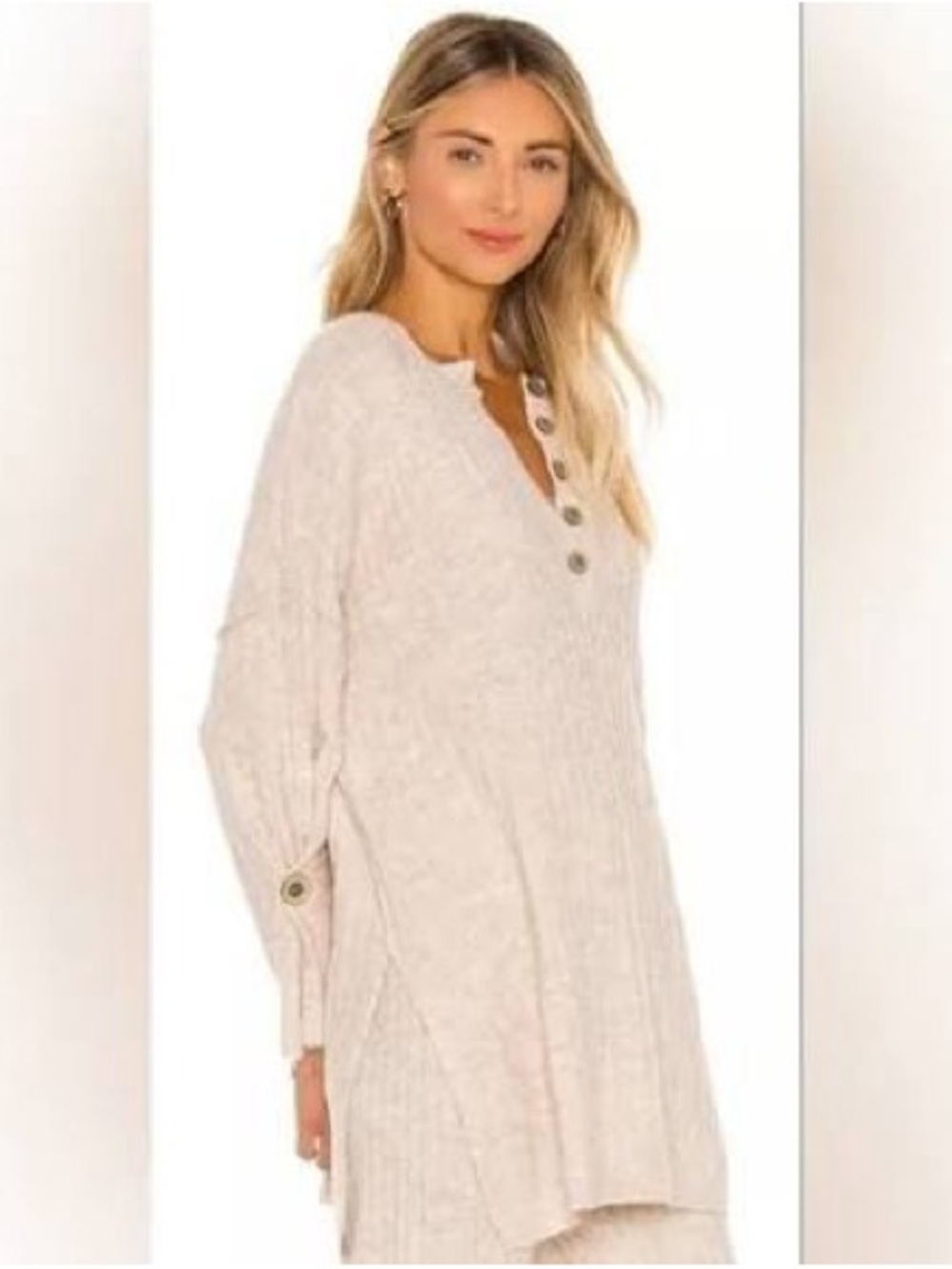 Free People Beige Ribbed Henley Tunic Sweater - Picture 4 of 5